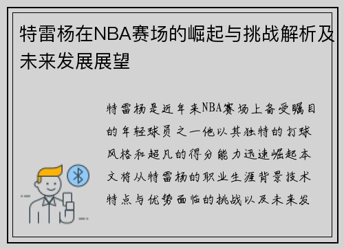 特雷杨在NBA赛场的崛起与挑战解析及未来发展展望